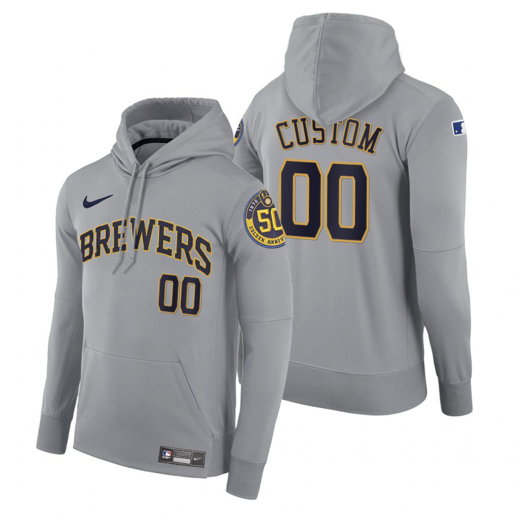 Men Milwaukee Brewers #00 Custom gray road hoodie 2021 MLB Nike Jerseys
